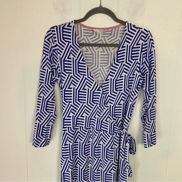 Boden Geo Wrap Maxi Dress Long Sleeve Women's Size 6 Blue White Stretch * - Picture 3 of 16